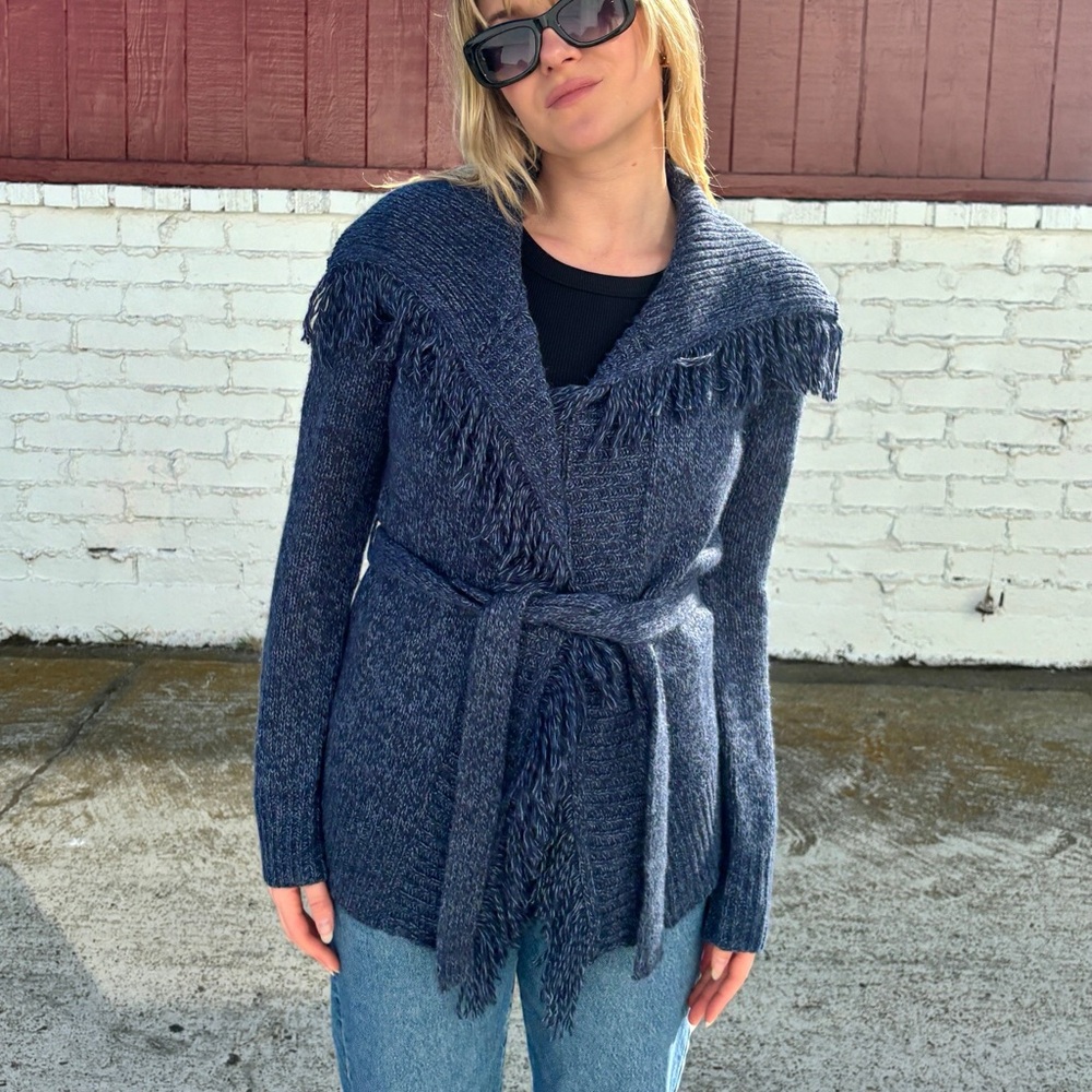 Navy Belted Fringe Cardigan